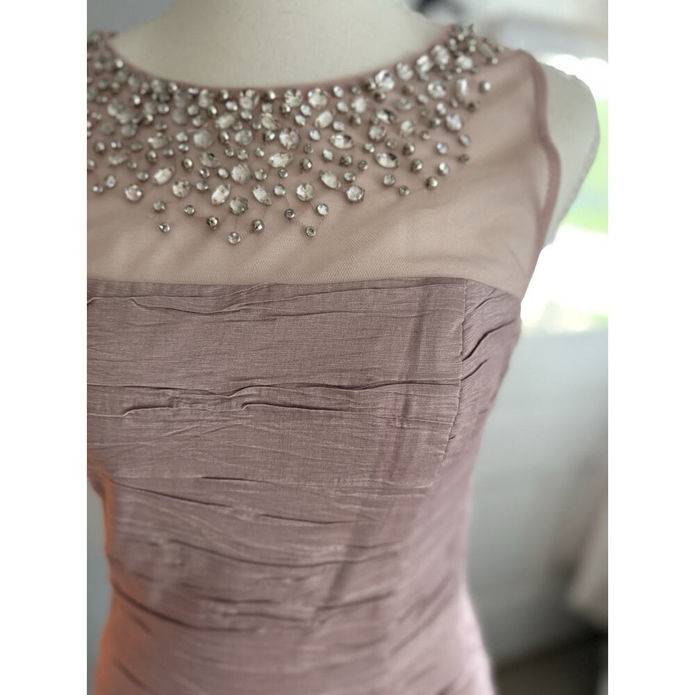Eliza J Taupe Satin Portrait Neck Ruched Surplice Cocktail Sheath Dress Size 6 - Picture 2 of 5